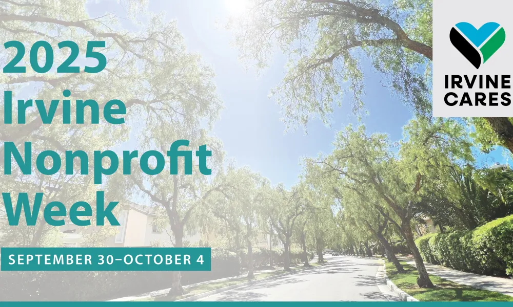 2025 Irvine Nonprofit Week, September 30-October 4, with Irvine Cares logo on sunny street.