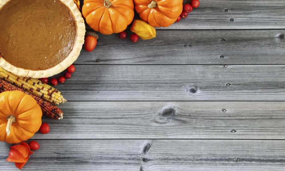 pumpkins and a pumpkin pie on a grey wood background