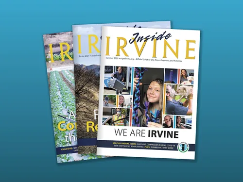 Three "Inside Irvine" magazine covers, fanned out, one with a photo collage.