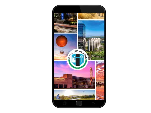 Smartphone screen with a collage of diverse photos and a circular app logo.