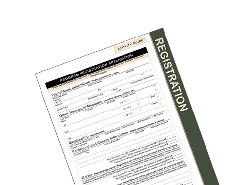 Registration form document, angled, with fields for personal information.
