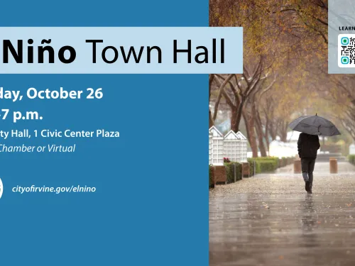 Graphic: El Niño Town Hall announcement. Person with umbrella walks on a wet path.