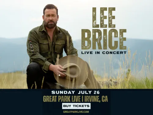 Country singer Lee Brice kneels, holding a cowboy hat in a grassy outdoor scene.