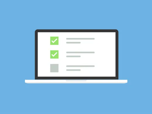 Laptop graphic with checklist, two items checked.