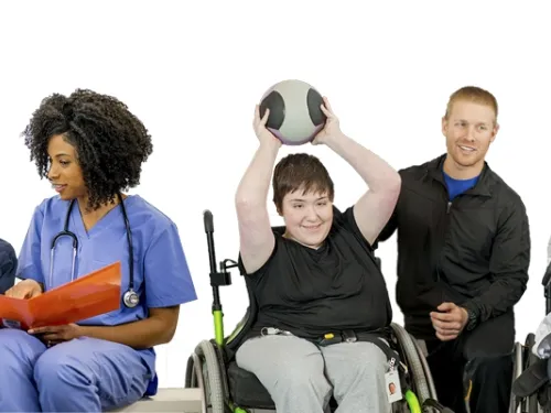 Diverse group of people smiling, including youth, a nurse with a child, and individuals in wheelchairs.